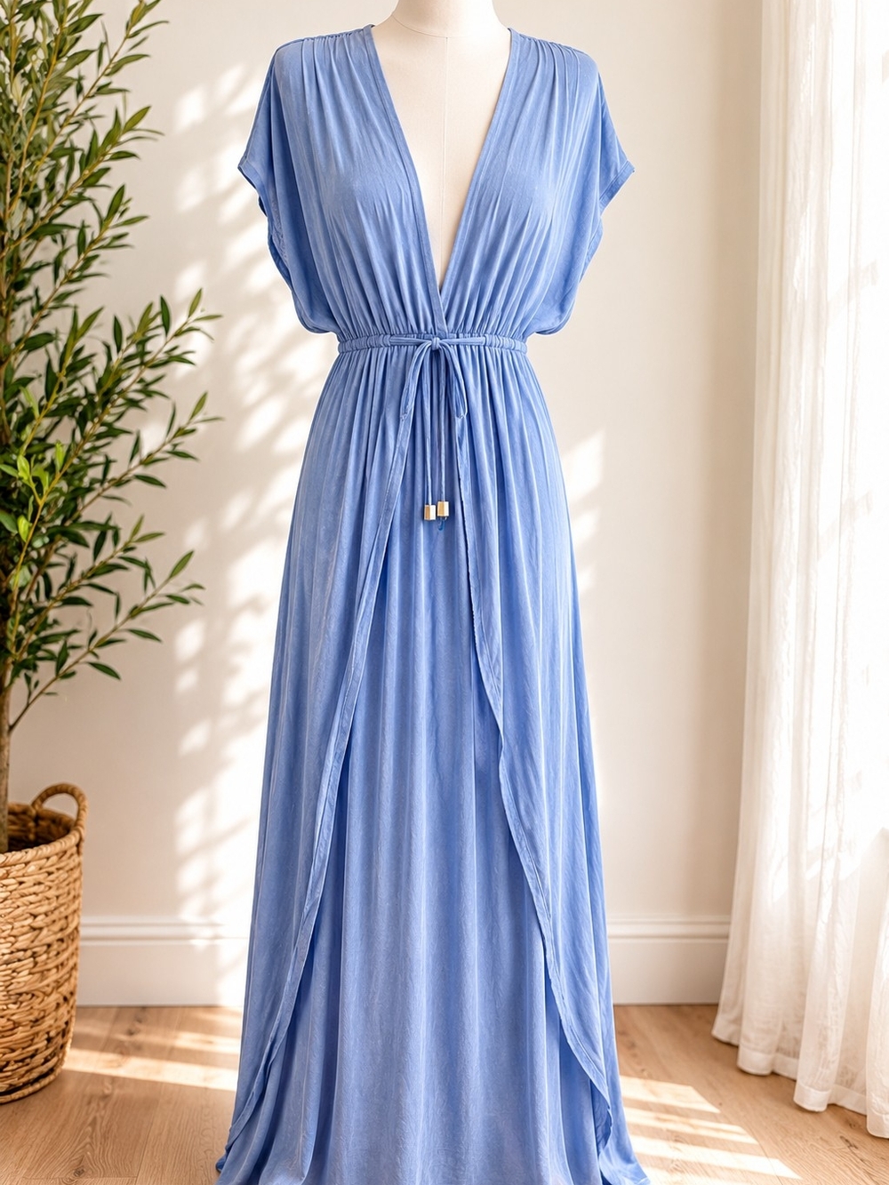 Elan Light Blue Plunge Maxi Dress with Drawstring Waist
